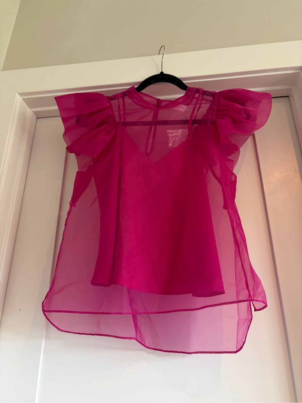 Jonathan Simkhai Sheer Flutter Sleeve Blouse - Hot Pink - New with tags